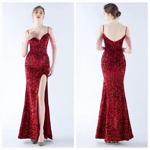 Red Sequin Backless Gown with Sweetheart Neckline - Picture 2 of 12